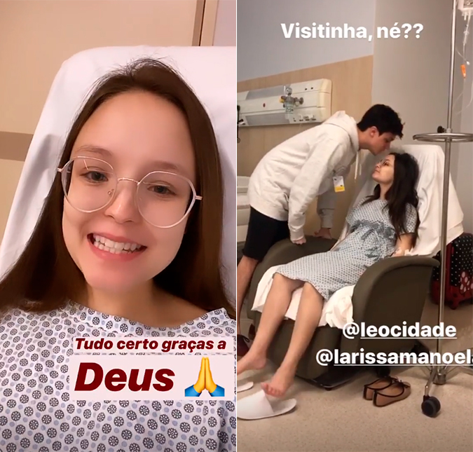 Após cirurgia, Larissa Manoela recebe visita do namorado Léo Cidade e tranquiliza fãs: <i>Só vou ficar em observação</i>