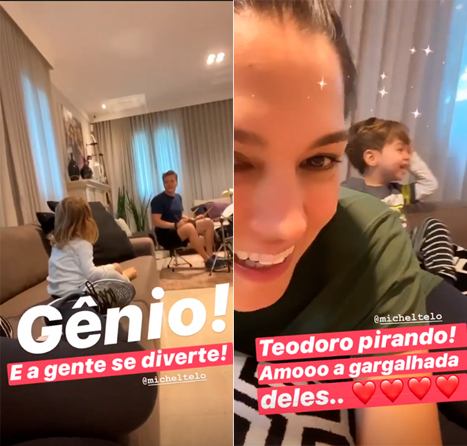 Michel Teló toca bateria na sala de casa e filhos caem na gargalhada: <i>Nossa escola de samba</i>