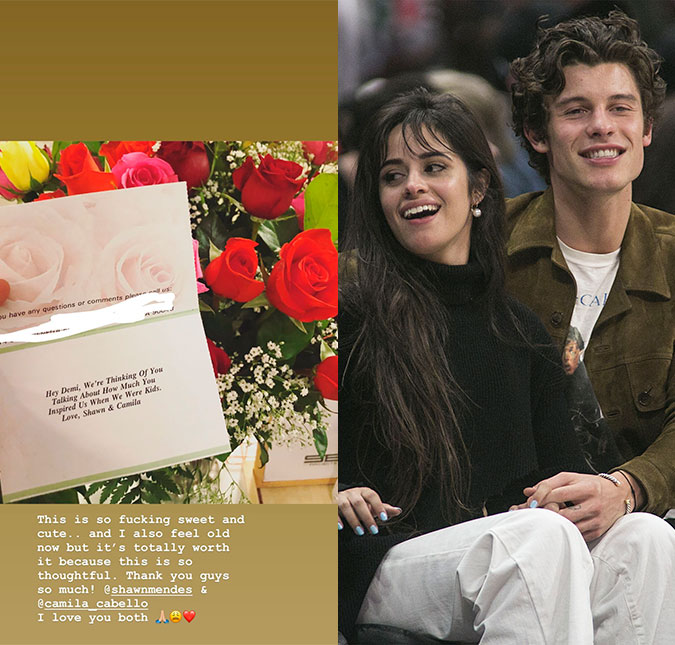 Shawn Mendes e Camila Cabello surpreendem Demi Lovato com flores e cartão: <I>Você nos inspirou quando éramos crianças</I>