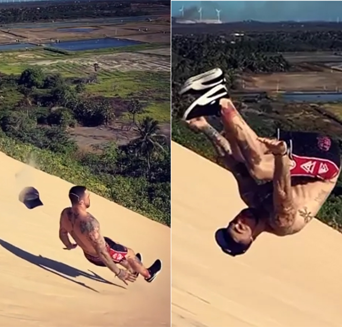 Em recuperação após ser mordido por seu cachorro, Felipe Titto dá salto mortal em dunas