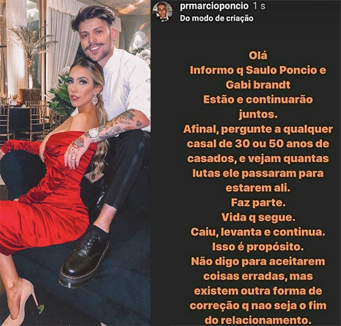 Pai de Saulo Poncio publica comunicado e afirma que filho segue casado com Gabi Brandt