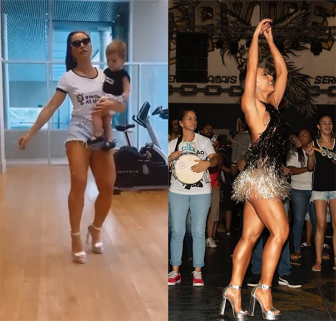 Em noite de ensaio da Gaviões da Fiel, Sabrina Sato samba muito com Zoe no colo. Veja!