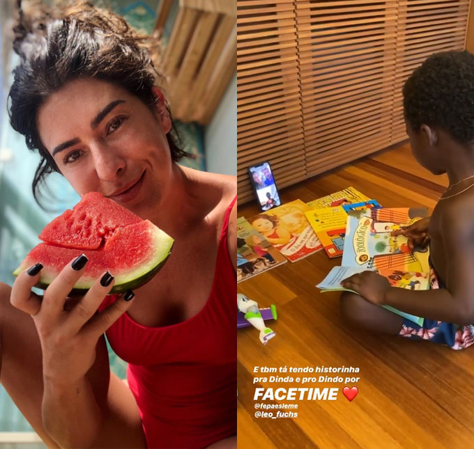 Em quarentena, Fernanda Paes Leme ganha melancia de vizinha e escuta história de filho de Giovanna Ewbank. Assista!