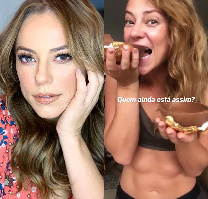 Paolla Oliveira exibe tanquinho enquanto come chocolate