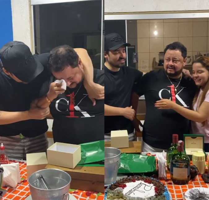 Pai de Maiara e Maraisa se emociona ao ganhar relógio de quase 35 mil reais do genro, Fernando: <I>- Não é o relógio, é o significado</I>