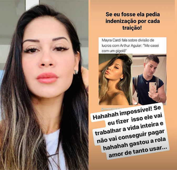 Mayra Cardi ironiza comentário sobre <i>pedir indenização por cada traição</i> de Arthur Aguiar: <i>Impossível</i>
