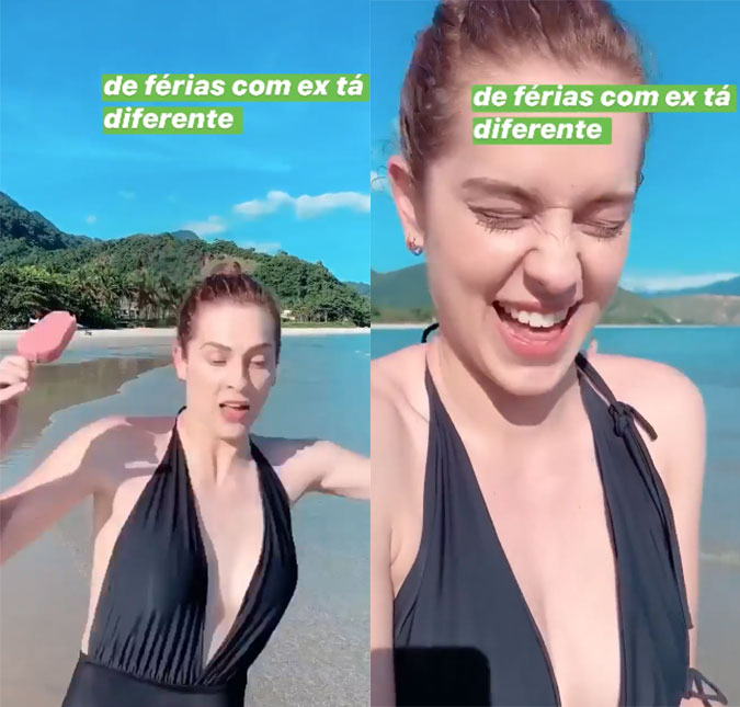 Sophia Abrahão leva tombo na praia e sorvete da atriz termina molhado e na areia; assista!