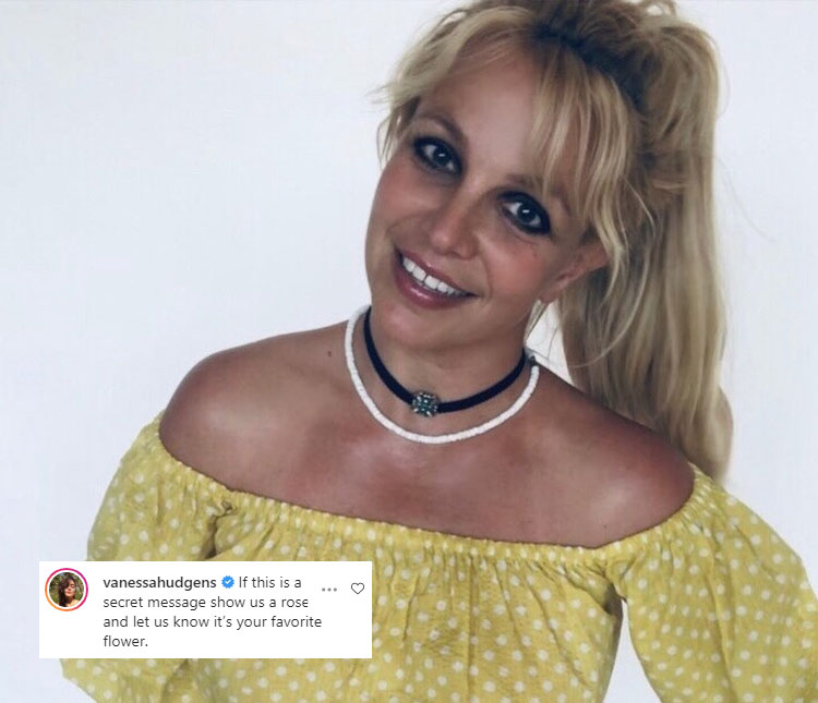Britney Spears posta foto com legenda enigmática e Vanessa Hudgens comenta: <i>Se isso é uma mensagem secreta, nos avise</i>