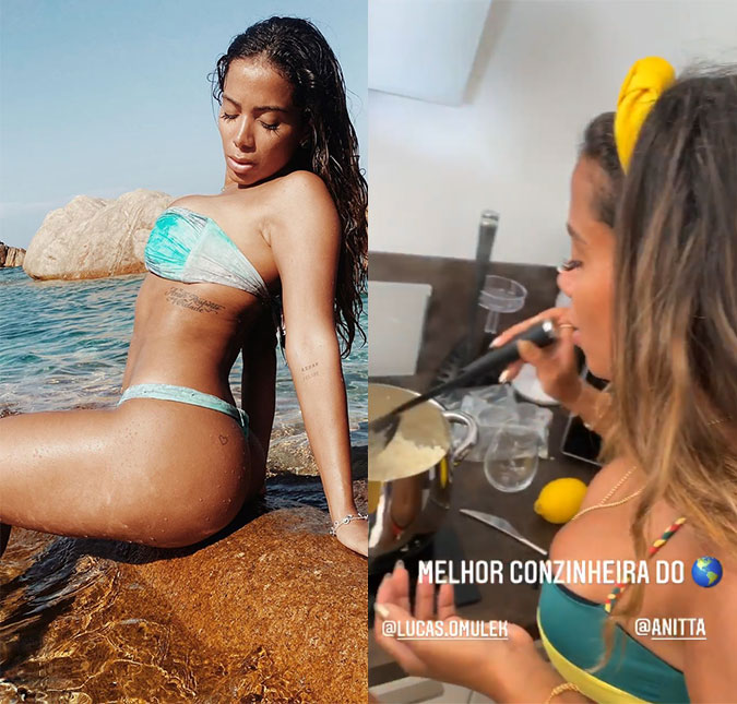 Na Itália, Anitta posa com biquíni da linha de Carolina Dieckmann e cozinha <I>arroz soltinho</I> ao lado de <I>affair</I>; confira!