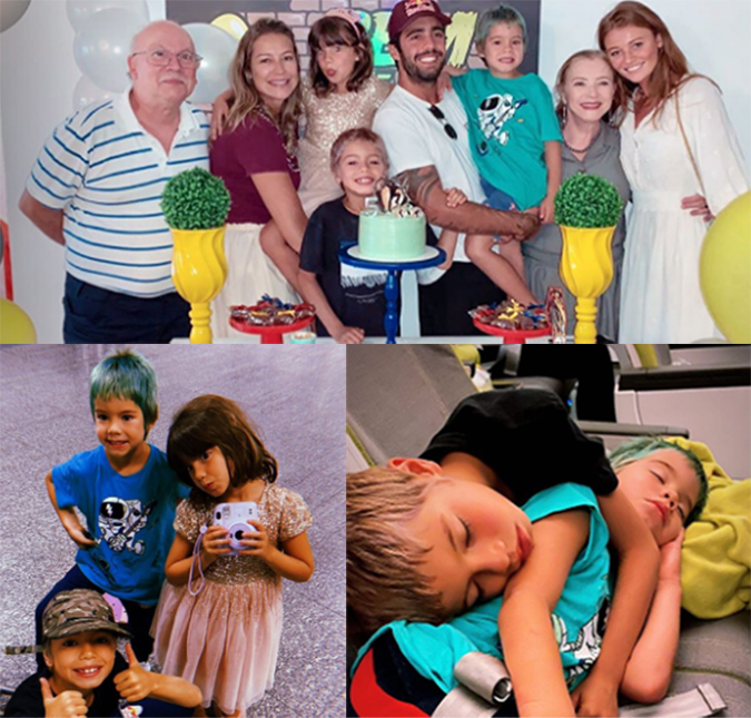 Após comemorar aniversário dos gêmeos com Luana Piovani e Cintia Dicker, Pedro Scooby viaja ao Brasil com os filhos