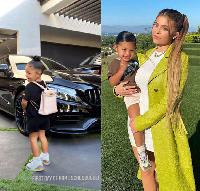 Filha de Kylie Jenner chama atenção ao usar mochila de 67 mil reais em primeiro dia de aula