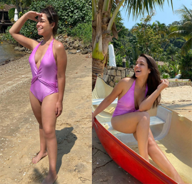 Thais Fersoza posa só de maiô, recebe críticas de internautas e fãs a defendem: <i>Mulher real</i>