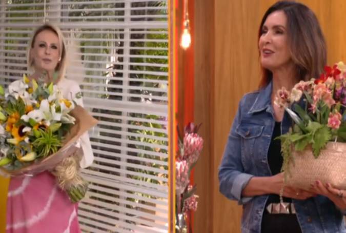 Ana Maria Braga dá flores a Fátima Bernardes e agradece ao se despedir do <I>Encontro: Recebemos muito carinho de todos</i>