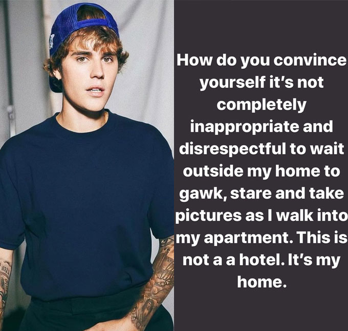 Justin Bieber se revolta com <i>paparazzi</i> em frente à sua casa e declara: <i>Inapropriado e desrespeitoso</i>