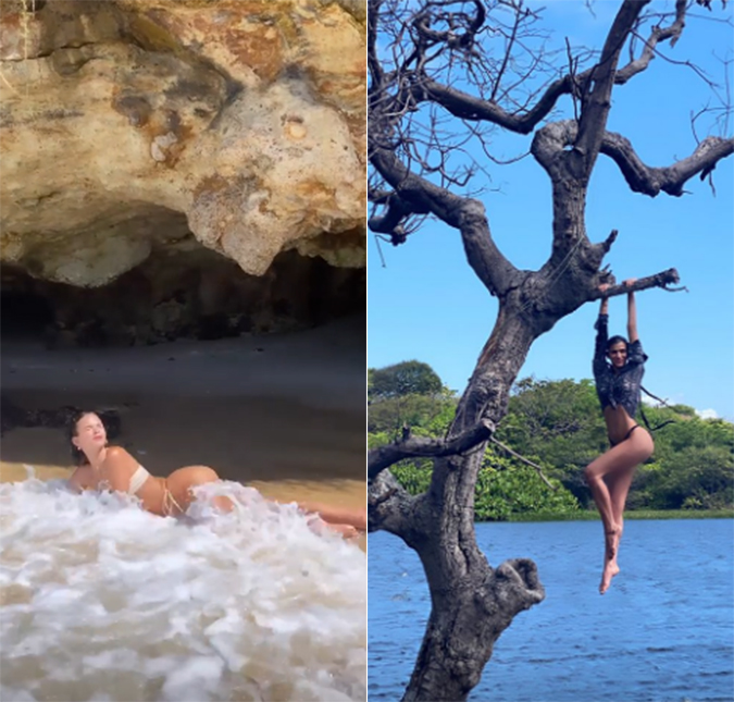Bruna Marquezine se arrisca ao subir em árvore e se diverte ao ser surpreendida por onda durante ensaio de fotos