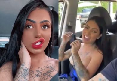 Eliminada de <i>A Fazenda</i>, Mirella faz <i>topless</i> no trânsito e volta a xingar Mariano