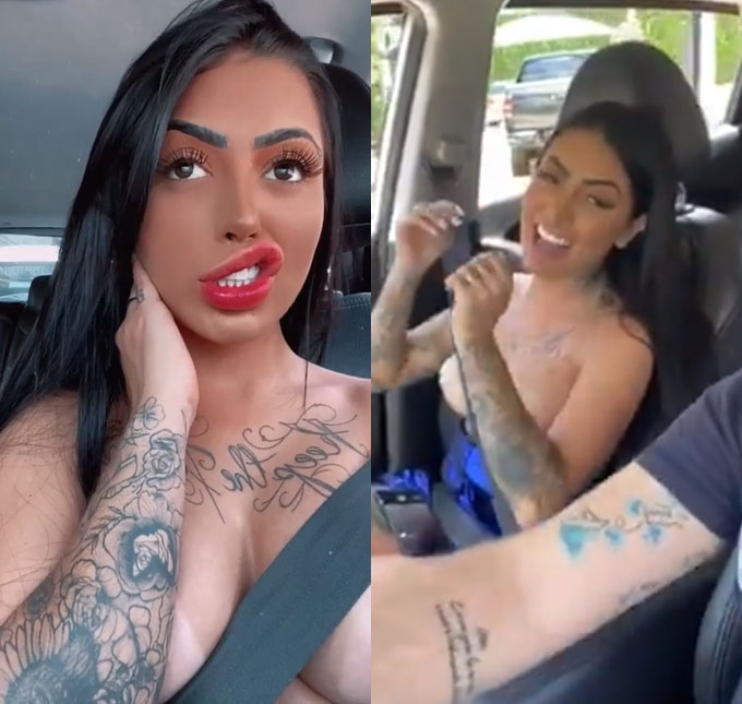 Eliminada de <i>A Fazenda</i>, Mirella faz <i>topless</i> no trânsito e volta a xingar Mariano