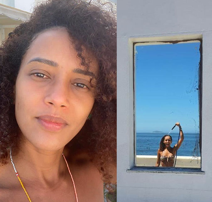Taís Araújo toma banho de mangueira e revela reação inusitada dos filhos com seu corpo: <i>Coisas que a Sabrina Sato não passa</i>