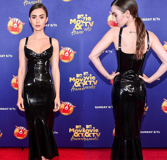 No <I>MTV Movie Awards 2020</I>, Lily Collins usa vestido de látex de 20 mil reais da marca <I>Saint Laurent</I>; confira!