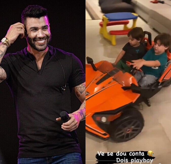 Gusttavo Lima mostra filhos dirigindo dentro de casa e se derrete: <i>Vê se eu dou conta</i>