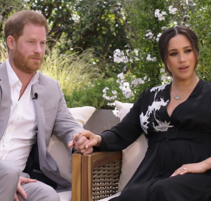 Grávida, Meghan Markle aparece ao lado do príncipe Harry em clipes de polêmica entrevista com Oprah Winfrey; assista!