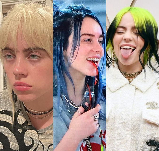 Loiro, azul, preto e verde... confira todas as cores que passaram pelos cabelos de Billie Eilish desde o início da carreira!