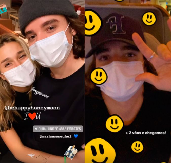 Sasha Meneghel e João Figueiredo celebraram a união no sábado, dia 23, e já embarcaram em lua de mel! O casal publicou no Instagram Stories as fotos acima, em que aparecem agarradinhos no aeroporto de Dubai. Além de celebrarem o momento romântico, os dois mostraram que estão mesmo em sintonia e apareceram com as roupas combinando!