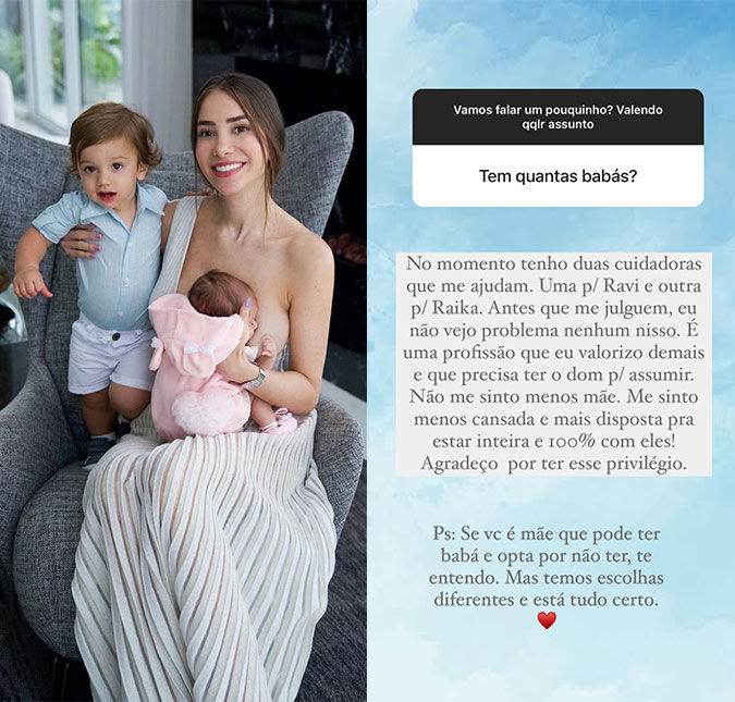 Romana Novais afirma que <I>não se sente menos mãe</I> por ter duas babás: <I>Não vejo problema nenhum nisso</I>