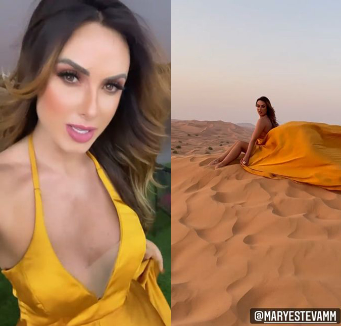 Nicole Bahls toma caldo de cana em lanchonete em Dubai