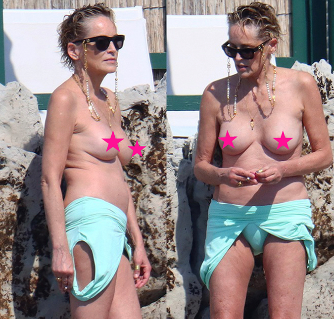 Aos 63 anos de idade, Sharon Stone faz <i>topless</i> na praia