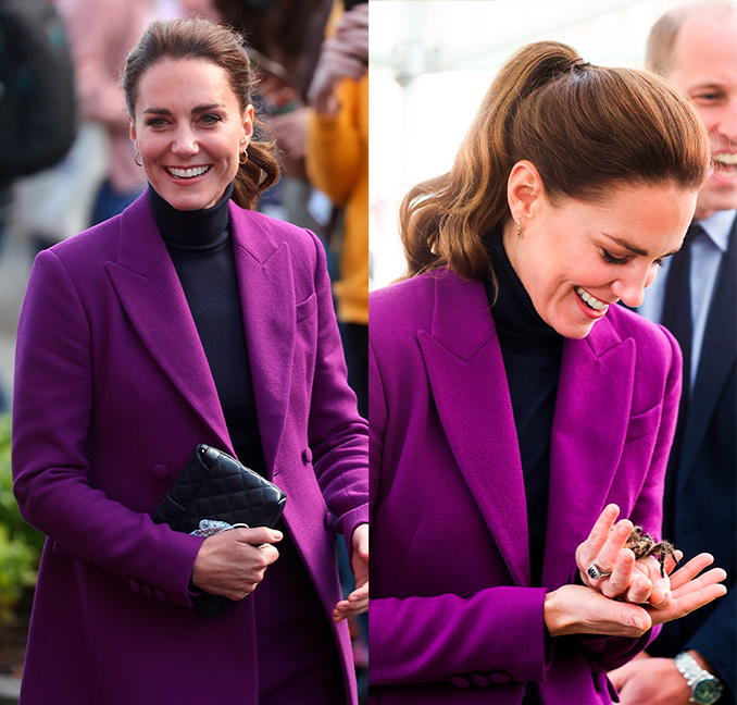 Kate Middleton aposta em terno roxo e conquista mídia britânica