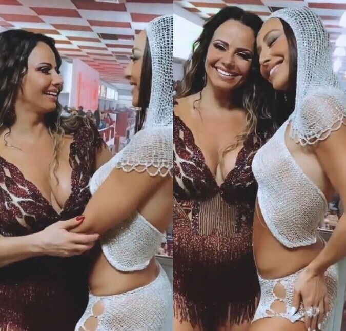 Sabrina Sato e Viviane Araújo posam juntas em festa na quadra do Salgueiro