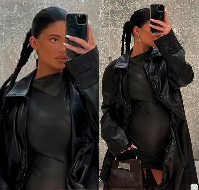 Kylie Jenner exibe barriga de grávida em vestido preto justinho; veja!