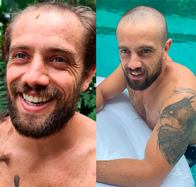 Rafael Cardoso surge careca após ter cabelo raspado pela sogra