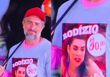 Marcos Mion usa camiseta com meme de Naiara Azevedo no <i>BBB22</i> durante <i>Caldeirão</i>