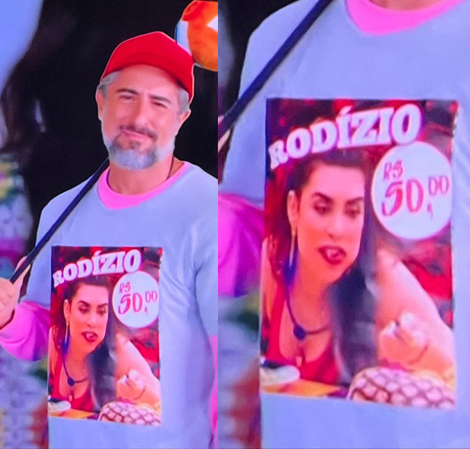 Marcos Mion usa camiseta com meme de Naiara Azevedo no <i>BBB22</i> durante <i>Caldeirão</i>