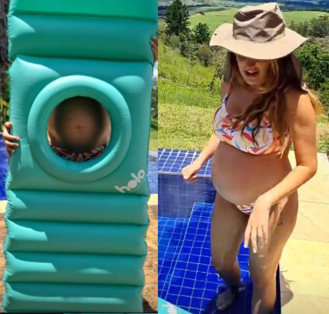 Rafa Brites usa boia adaptada para aproveitar piscina grávida
