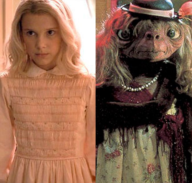 Tudo bem que a Eleven não é um E.T., mas a cena em que os amigos a disfarçam, colocando nela um vestido e uma peruca loira, é bem parecida com o filme E.T., em que Elliott tenta fazer com que seu novo amigo passe desapercebido.