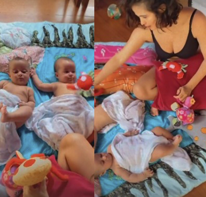 Nanda Costa brinca com as filhas gêmeas e Lan Lahn compartilha momento nas redes