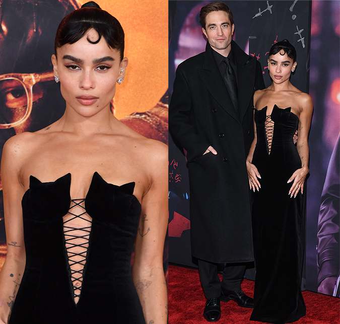 Zoë Kravitz, nova Mulher-Gato, exibe decote de felinos na première de <I>Batman</i>