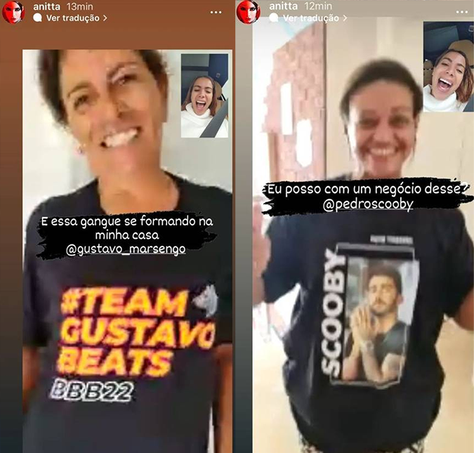 Anitta mostra família usando camiseta de torcidas para Pedro Scooby e Gustavo do <I>BBB22</i>