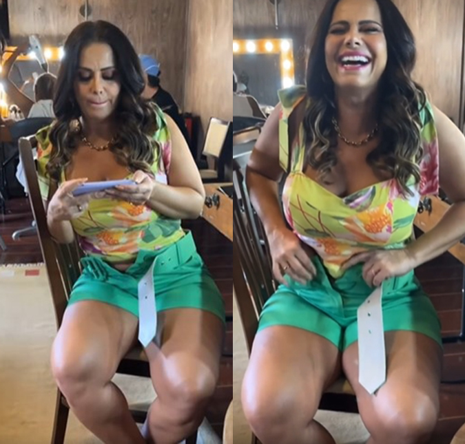 Viviane Araújo, grávida de quatro meses, tem dificuldades em fechar zíper do <i>shorts</i>