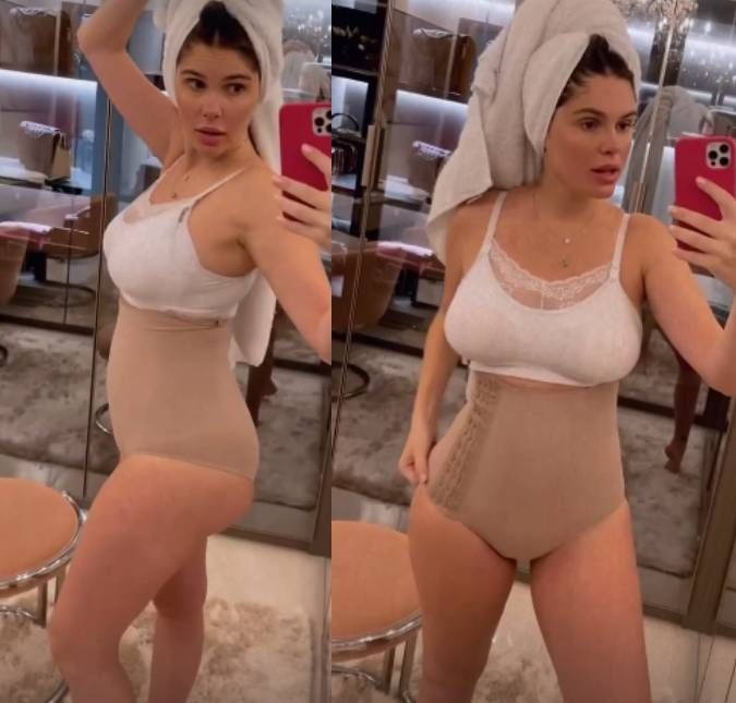 17 dias após dar à luz à primeira filha, Evans falou mostrou o corpo nas redes sociais. Aos 30 anos de idade, a modelo surgiu com um sutiã de amamentação e cinta compressora: Pessoal, já estamos na cinta P por aqui. Barriguinha não tem mais. Perna que está demorando a voltar, mas estamos indo, disse. Anteriormente, ela já havia compartilhado outras mudanças no puerpério. Está bastante inchada. Mas a barriguinha está desinchando. Quadril também está bem grande, ainda. O umbigo fica meio caidinho, mas estamos recuperando.