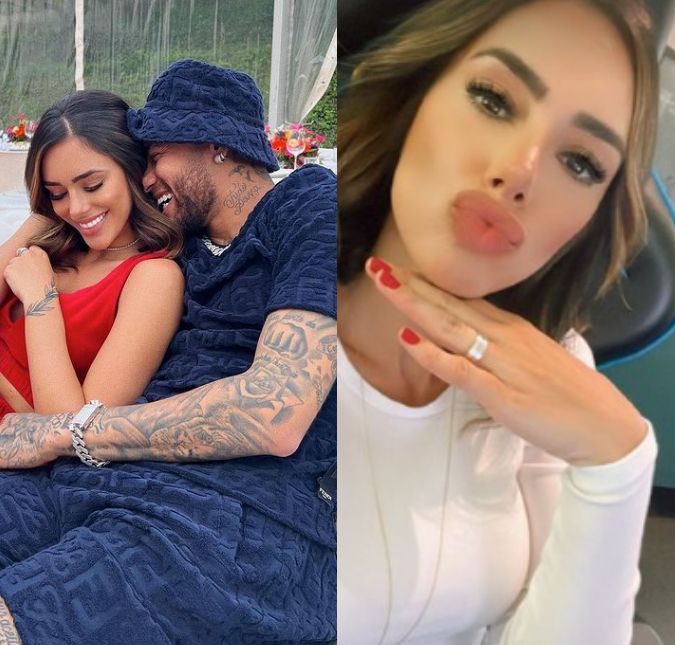 Namorada de Neymar Jr, Bruna Biancardi exibe aliança de compromisso cravejada A influenciadora digital está passando uma temporada com o atleta na França