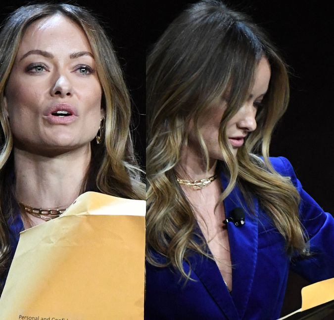 Olivia Wilde recebe intimação relacionada aos filhos durante pré-estreia de seu novo filme A atriz foi surpreendida com envelope misterioso enquanto estava no palco