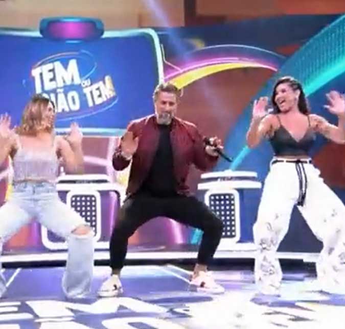No <i>Caldeirão</i>, Marcos Mion mostra seu gingado ao lado de Sheila Mello e Scheila Carvalho e brinca: <i>Sou o Jacaré</i>