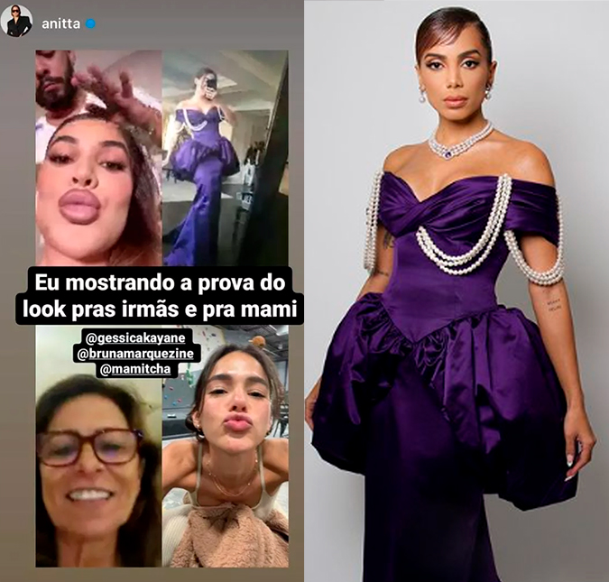 Anitta mostra chamada de vídeo com Bruna Marquezine e Gkay para exibir vestido do <I>MET Gala</i>