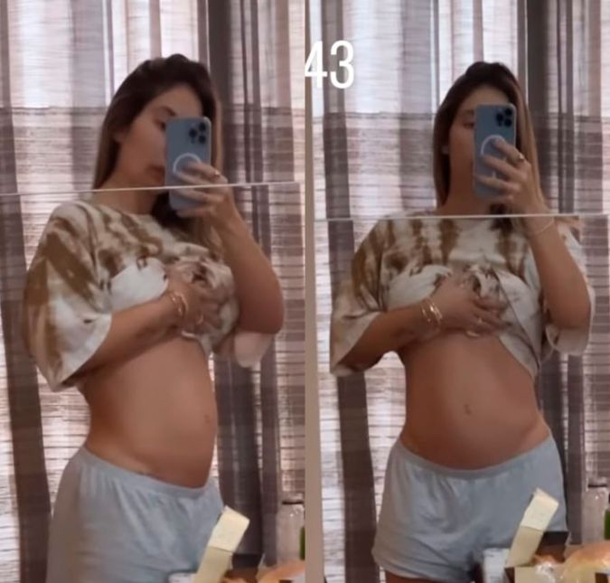 Foi tanto vapo vapo que a família cresceu! Aos 23 anos de idade, Virginia Fonseca está à espera do segundo neném com o cantor Zé Felipe. Prestes a completar quatro meses de gravidez, a influenciadora exibiu o tamanho da barriguinha aos seguidores neste sábado, dia 21. Nos Stories do Instagram, ela ficou chocada ao observar no espelho o quanto o bebê que está por vir já cresceu: -Olha a minha barriga, o tamanho que está. Eu estou chocada que estou de quatro meses. Da Maria Alice não estava assim. A seguir, confira tudo o que se sabe sobre a gestação!