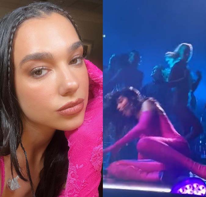 Durante <i>show</i>, Dua Lipa sofre queda e precisa ser ajudada por bailarino, veja o vídeo!