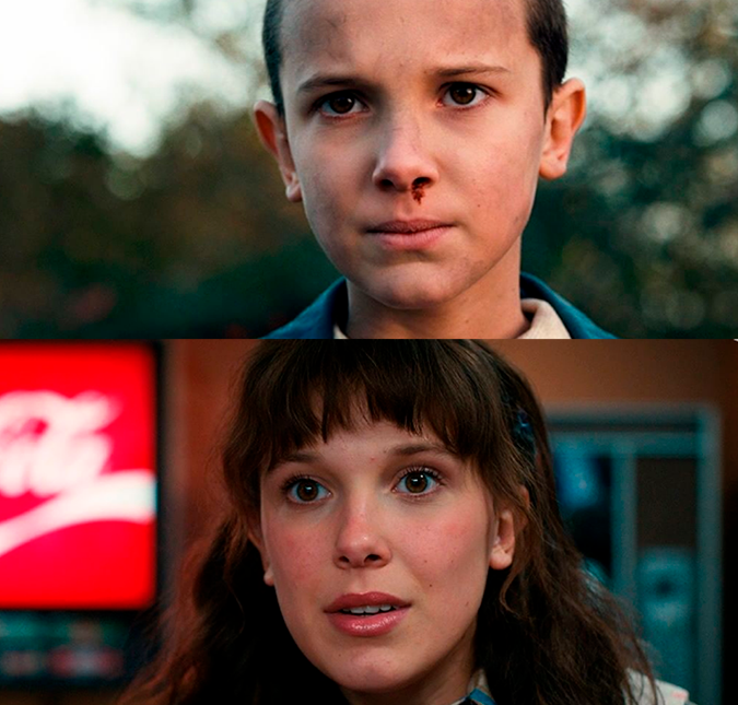 Millie Bobby Brown começou na série por volta dos 13 anos de idade interpretando a protagonista de cabelos raspados Eleven. Na segunda temporada, a personagem passou por uma certa crise de identidade e assumiu um look mais gótico, enquanto seus cabelos ainda estavam curtinhos. Na terceira temporada, ela surgiu toda cool - e sua aparência também conversa com a personalidade, em que Eleven está bem mais enturmada com seus colegas e aproveitando sua nova vida em Hawkins. Já na quarta temporada, com Mille no auge dos seus 18 anos de idade, a personagem surgiu com os cabelos bem longos, franjinha e na maior vibes de adolescente. Millie Bobby Brown começou na série por volta dos 13 anos de idade interpretando a protagonista de cabelos raspados Eleven. Na segunda temporada, a personagem passou por uma certa crise de identidade e assumiu um look mais gótico, enquanto seus cabelos ainda estavam curtinhos. Na terceira temporada, ela surgiu toda cool - e sua aparência também conversa com a personalidade, em que Eleven está bem mais enturmada com seus colegas e aproveitando sua nova vida em Hawkins. Já na quarta temporada, com Mille no auge dos seus 18 anos de idade, a personagem surgiu com os cabelos bem longos, franjinha e na maior vibes de adolescente.